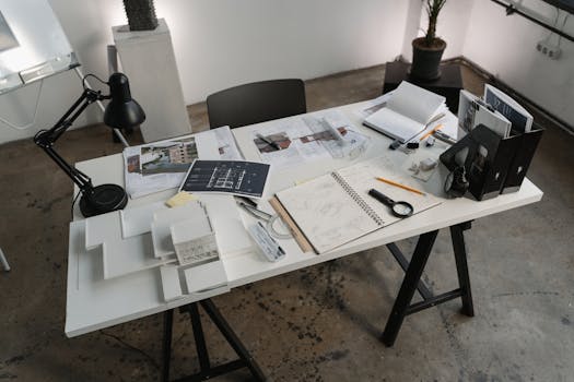 A creative workspace with architectural tools, blueprints, and sketches for design projects.